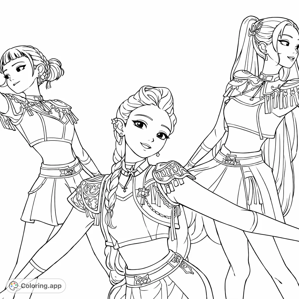 Color three stylish animated pop stars in dynamic poses on a stage, featuring intricate outfits, unique hairstyles, and a vibrant performance atmosphere. Perfect for fans of pop culture.