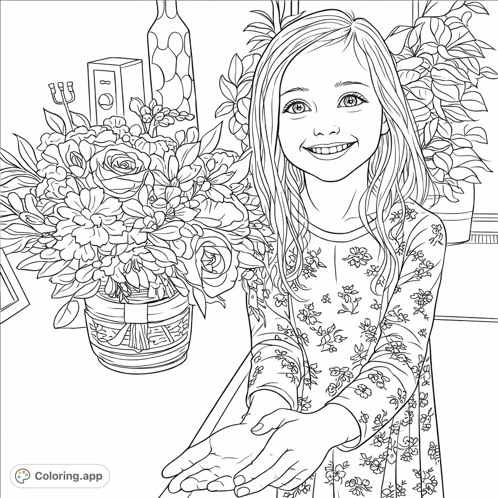 A lovely girl with a wide smile stands beside a beautiful bouquet of various blossoms, ready for vibrant coloring. A delightful floral design.