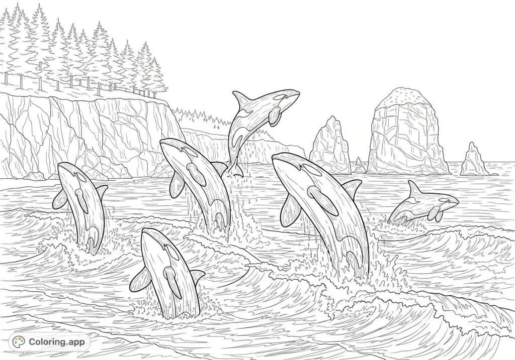 Witness majestic orcas leaping from ocean waters against the dramatic backdrop of the rugged Oregon coast, featuring towering sea stacks and crashing waves.