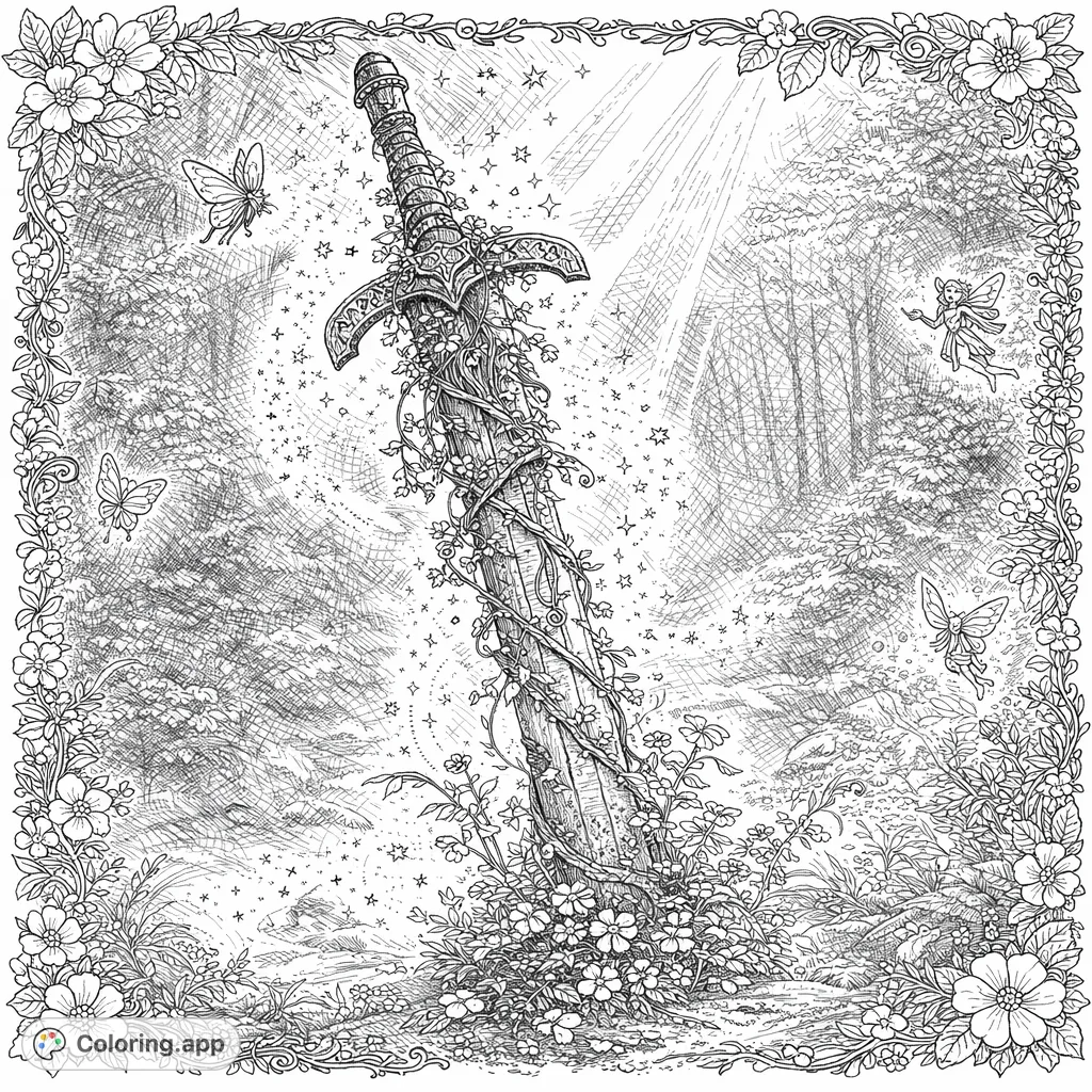 Unearth an ancient sword entwined with mystical vines and delicate blossoms in a magical forest. A fantasy coloring page for adventurers!