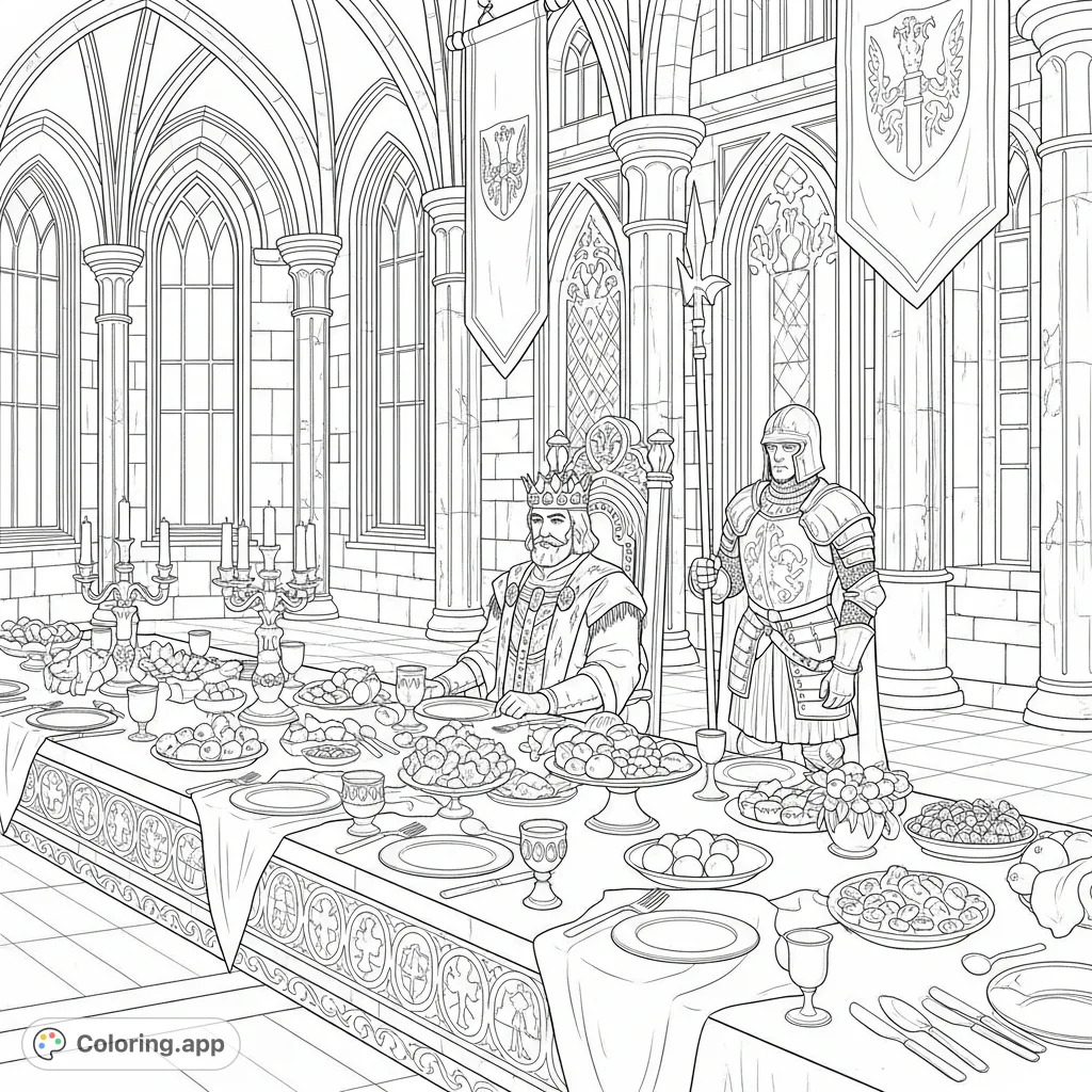 A majestic fantasy castle coloring page depicting a king and royal guard at a grand royal feast, offering intricate details for colorists to enjoy.