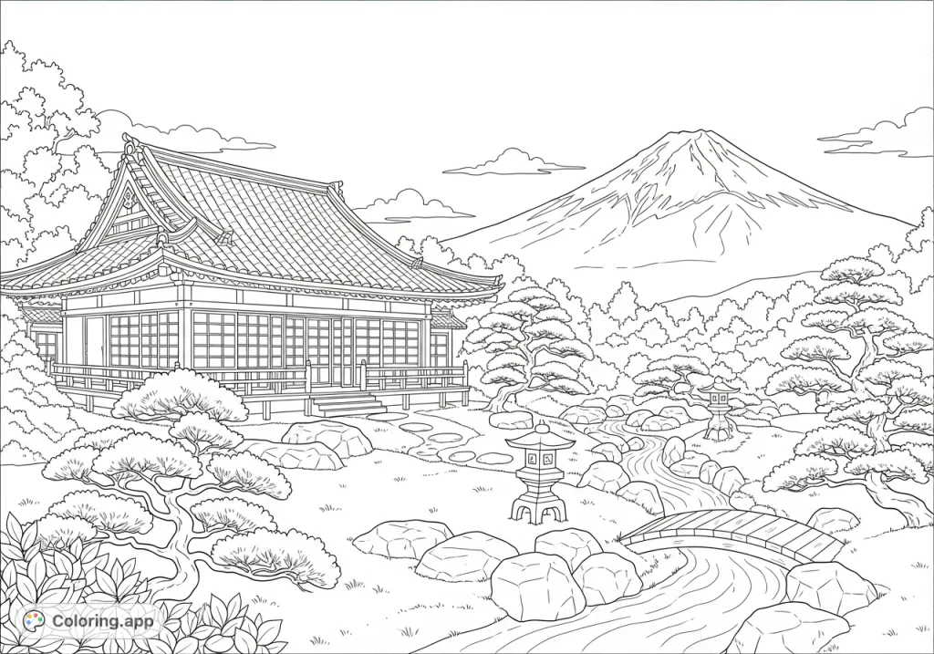 Discover a tranquil Japanese landscape with a traditional house, serene garden, and majestic Mt. Fuji. A detailed free printable coloring page.