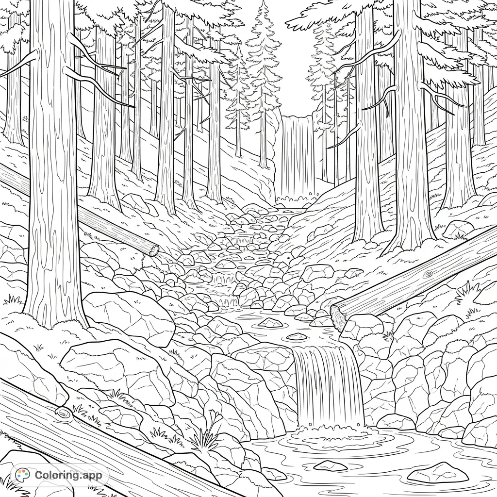Explore a serene mountain forest slope coloring page with a winding stream and a captivating waterfall amidst lush trees. A free printable coloring page for nature lovers.