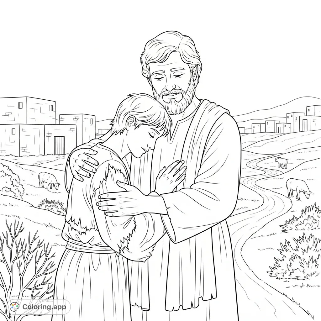 A tender scene from the Prodigal Son parable, showing the forgiving father embracing his returning son in a distant land. Inspiring for kids.