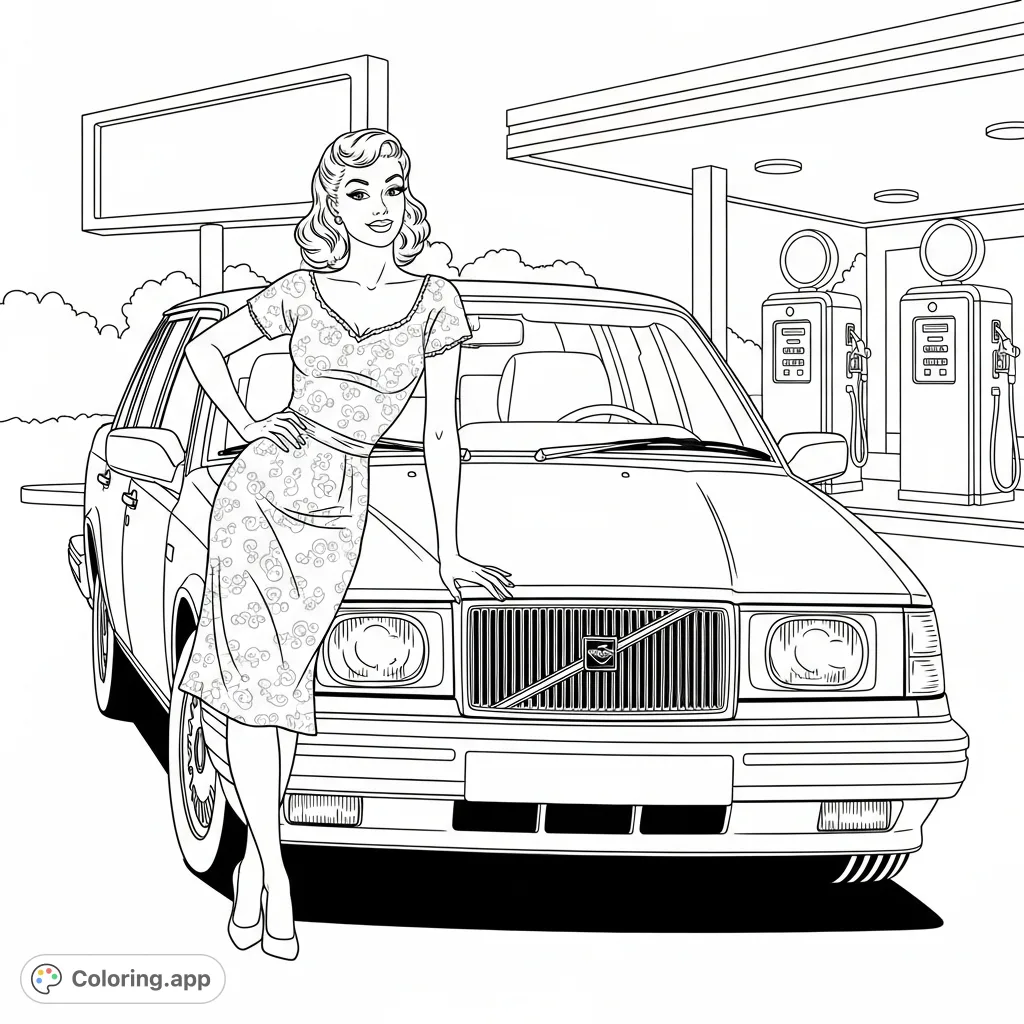 Capture the elegance of a pinup girl posing with a classic Volvo 740 at a vintage gas station. A nostalgic scene perfect for adult colorists.