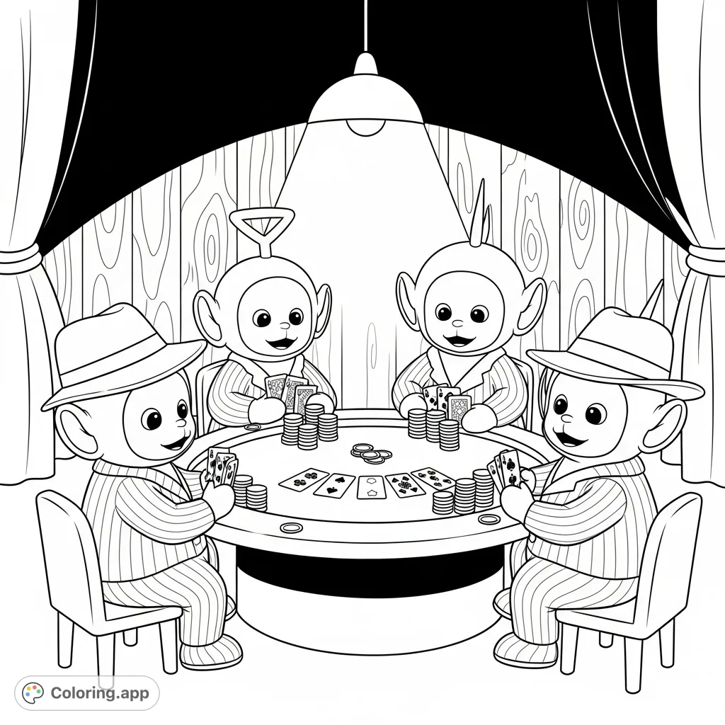 An unexpected Teletubbies coloring page featuring Tinky Winky, Dipsy, Laa-Laa, and Po engaged in a high-stakes poker game, dressed in classic gangster attire.