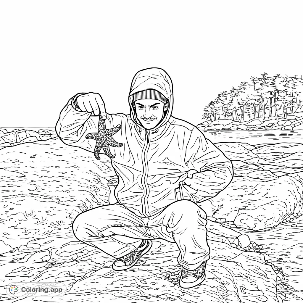 Explore a seaside scene with a person holding a textured starfish on mossy rocks. A charming coastal discovery waiting for your creative touch.