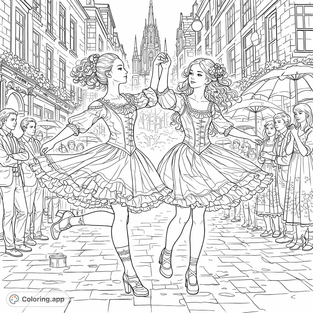 Two elegant dancers in ornate costumes perform gracefully on a bustling historic street, surrounded by spectators and intricate architecture.
