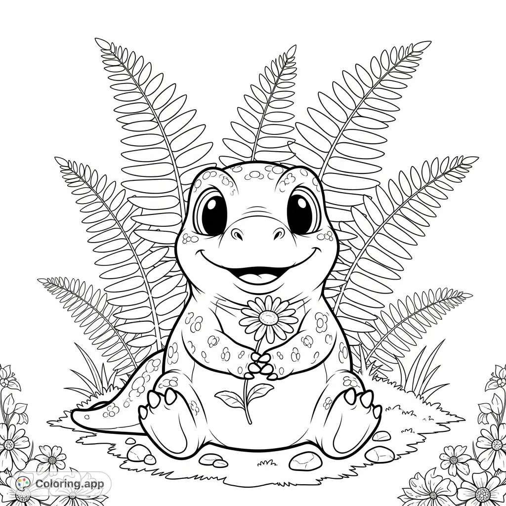 A delightful T-Rex hatchling sits on a mossy patch, holding a daisy. A perfect prehistoric scene for dinosaur enthusiasts to bring to life!