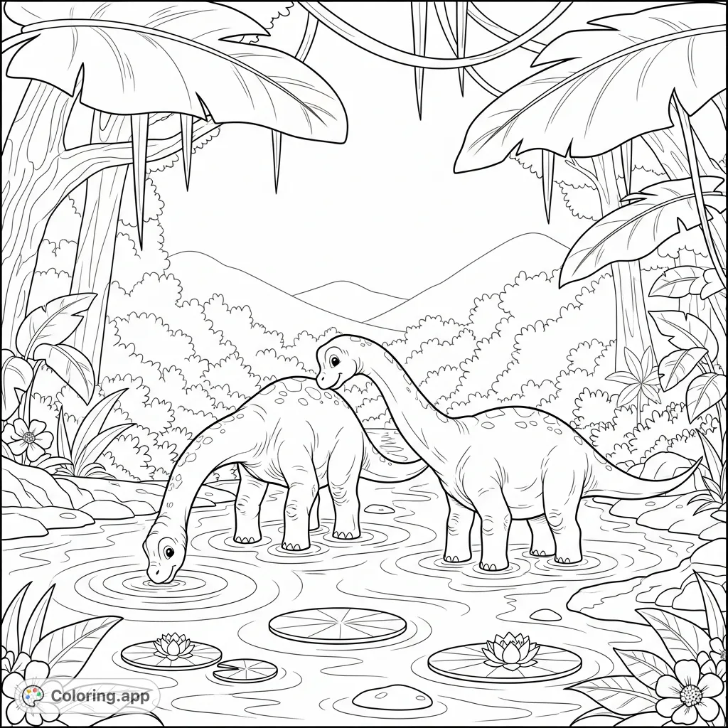 Discover a charming Brachiosaurus coloring page featuring two playful calves in a serene jungle stream, surrounded by lush foliage and water lilies.