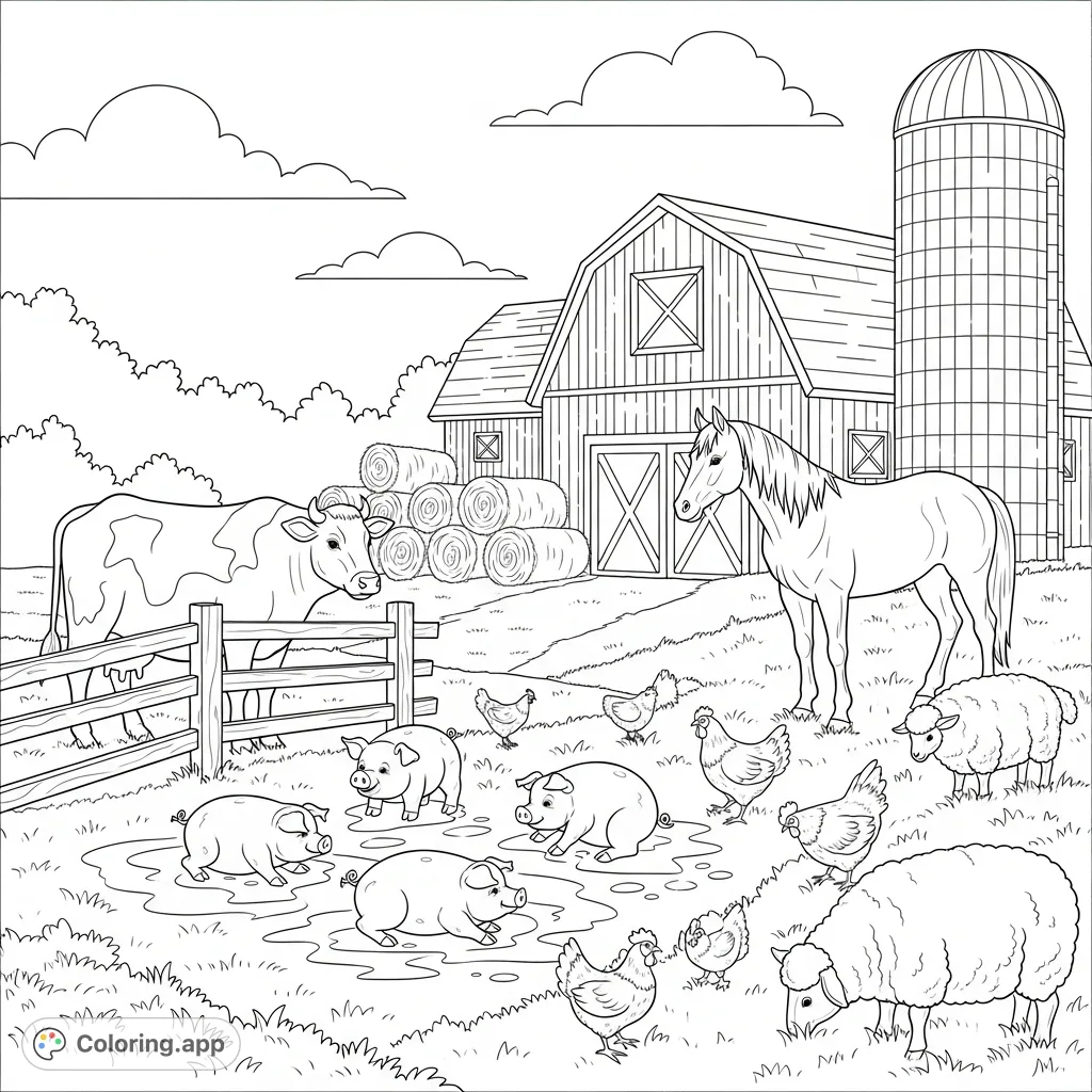 Discover a bustling farm scene with friendly cows, playful pigs, pecking chickens, grazing sheep, and a majestic horse by a barn and silo.