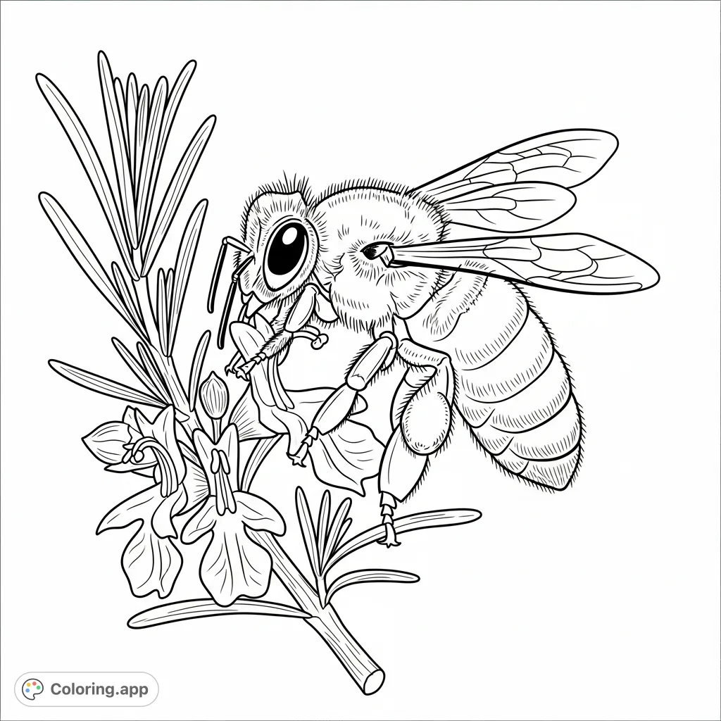 Discover a realistic honeybee, Apis mellifera, gently landing on a flowering rosemary branch. This detailed nature scene offers an engaging coloring page for kids.