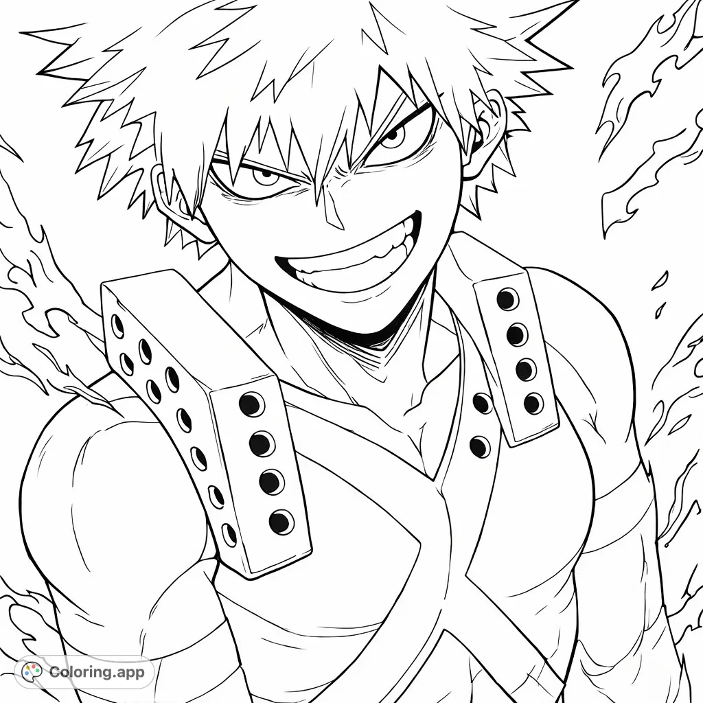 Color a fierce anime hero with spiky hair and an explosive grin, wearing a unique X-patterned suit and shoulder guards amidst dynamic energy shapes. Unleash your creativity!