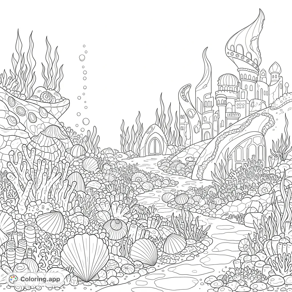 Dive into an enchanting mermaid city coloring page featuring a whimsical seashell garden nestled among intricate coral. A magical underwater adventure awaits!