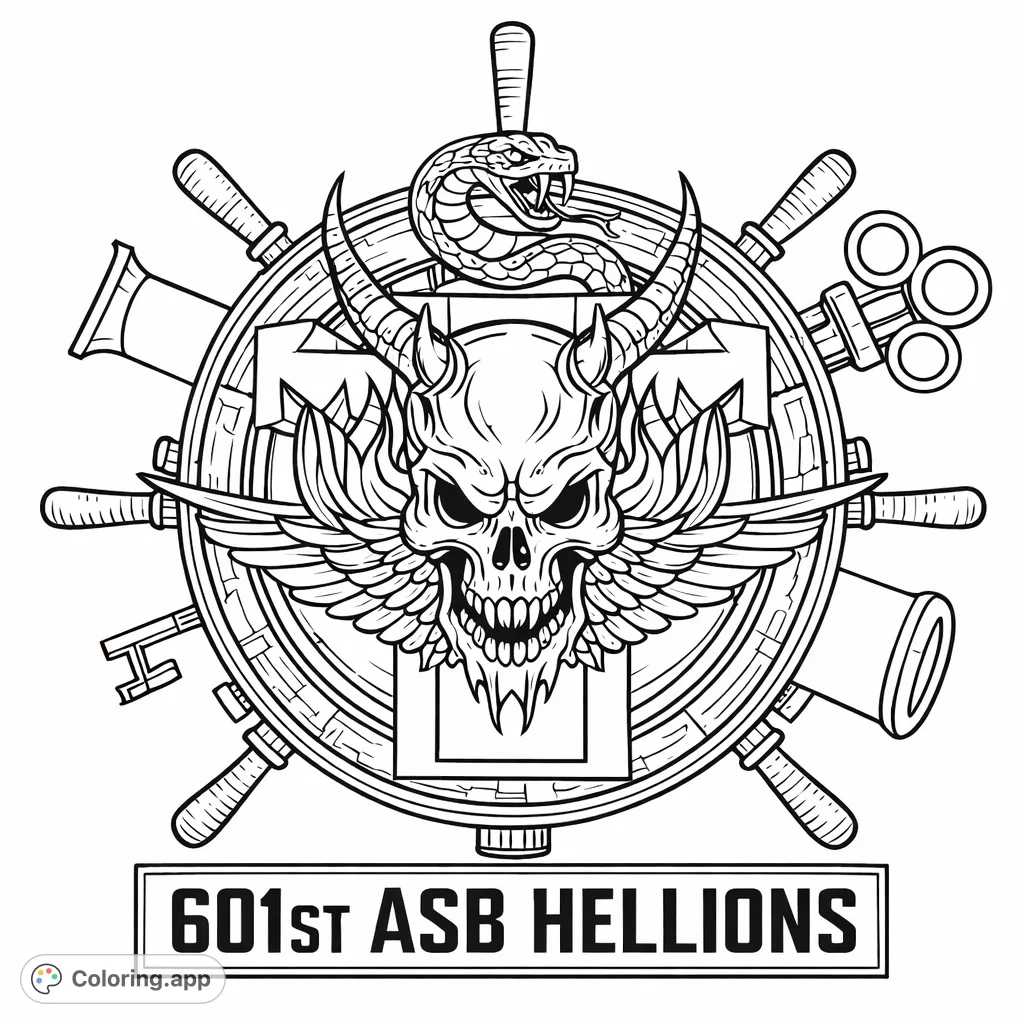 A striking emblem features a horned skull with wings, set against a ship's wheel and cross, adorned with a coiled snake and maritime objects.