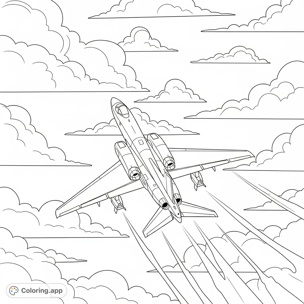 A powerful jet airplane with prominent wings soars through a sky filled with diverse cloud formations, offering an exciting aerial adventure for coloring.