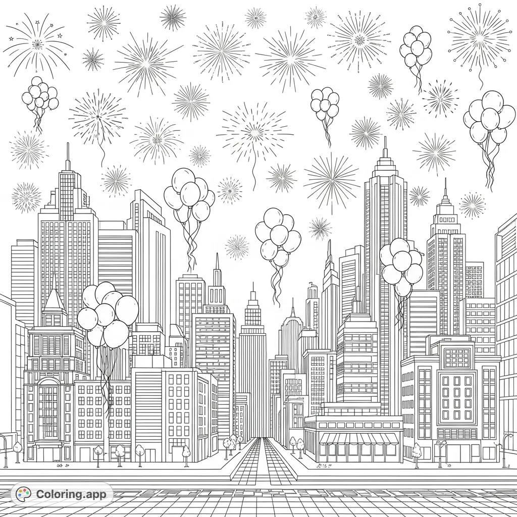 A spectacular New Year cityscape coloring page with bursting fireworks and festive balloons. Perfect for celebrating the holiday season.