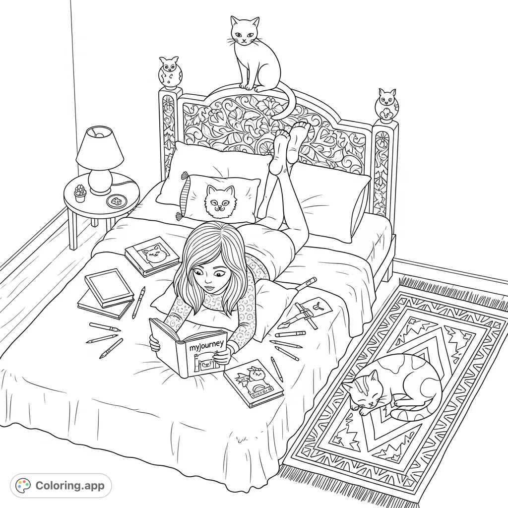 Discover a serene scene: a girl reads "myjourney" on a cozy bed, surrounded by drawing tools, while two cats, one alert and one sleeping, complete the peaceful ambiance.