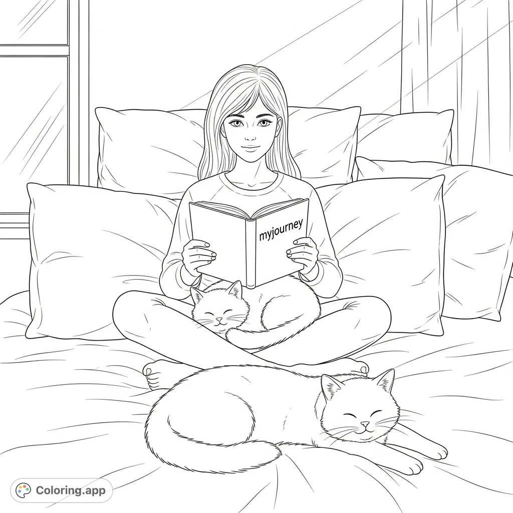 Discover a peaceful reading girl and her feline companions in a cozy bedroom. A charming scene for any age, perfect for relaxation and creativity.