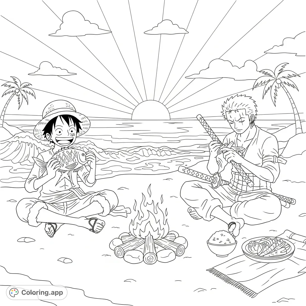 Join Monkey D Luffy and Zoro as they relax on a peaceful beach. Luffy enjoys a roasted fish by a crackling campfire, while Zoro meticulously cleans his sword.