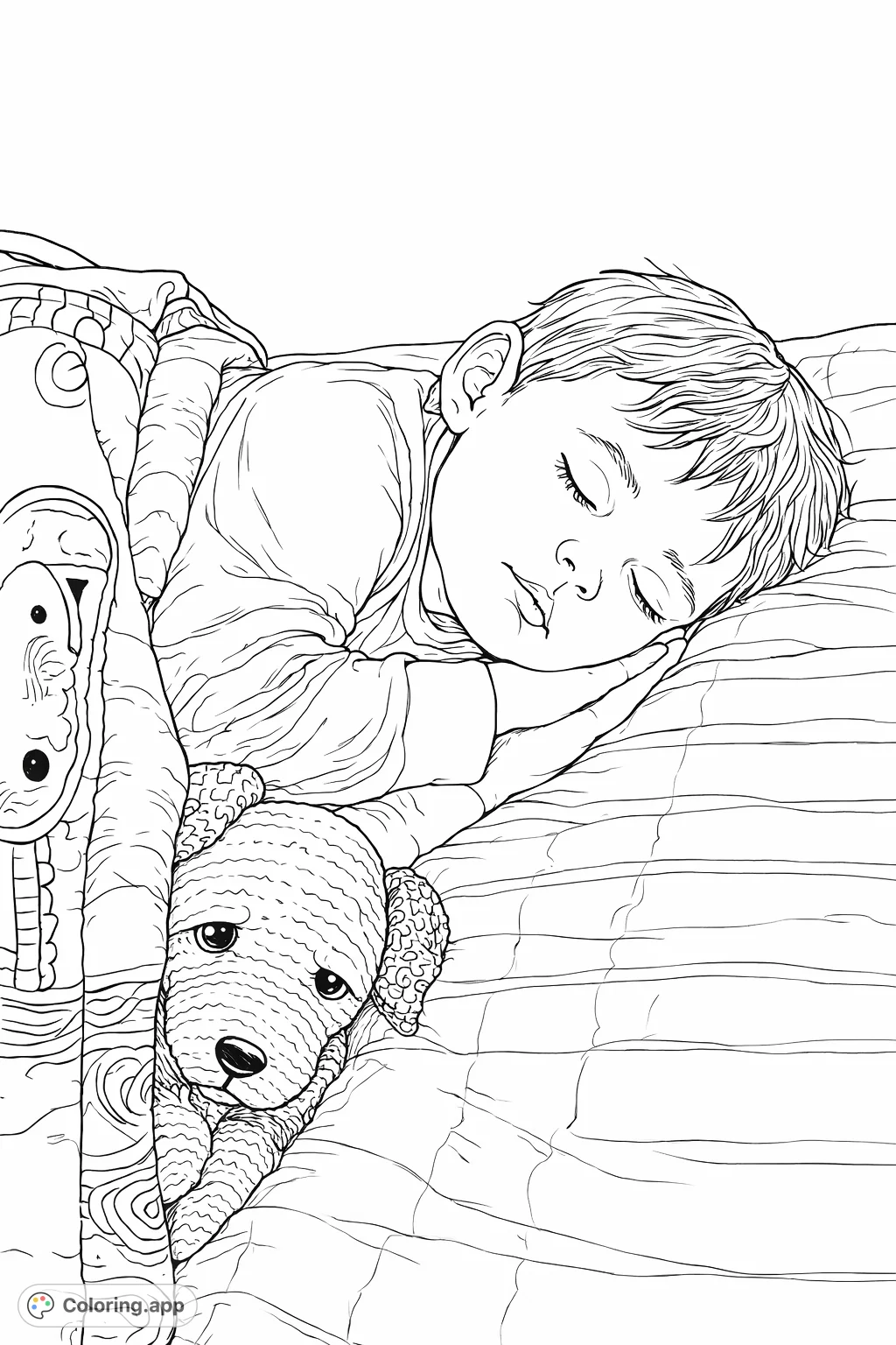 Capture the peaceful slumber of a child with their beloved stuffed animal. This cozy scene invites you to add gentle hues, perfect for a soothing coloring experience.