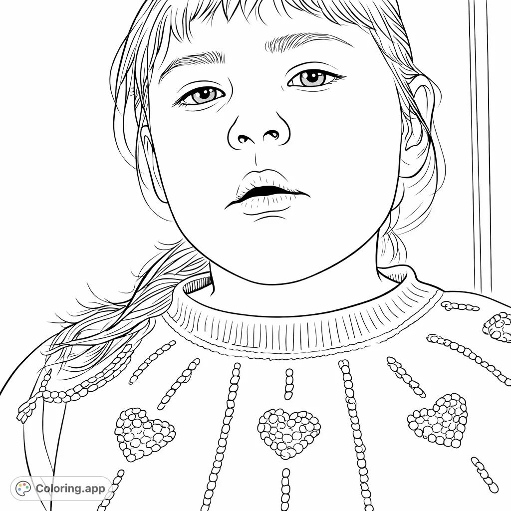 A charming portrait of a young child wearing a sweater adorned with playful heart shapes and sparkling lines, inviting creative coloring.