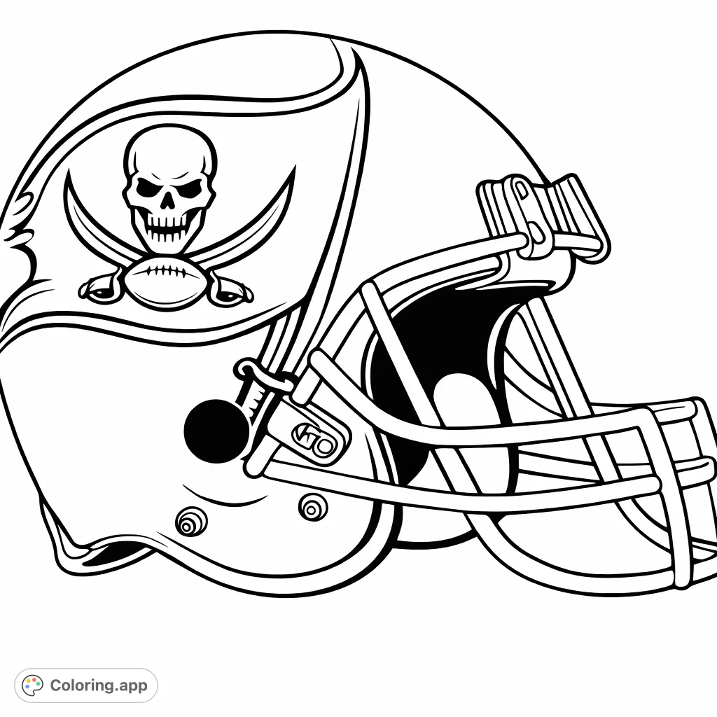 Color a striking football helmet featuring a unique pirate skull, crossed swords, and football emblem. Perfect for sports fans and adventurous artists!