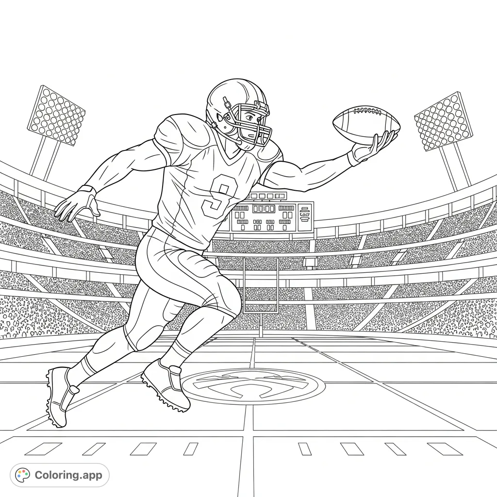 A thrilling America football player coloring page capturing a player mid-catch in a stadium, perfect for sports enthusiasts and aspiring athletes.