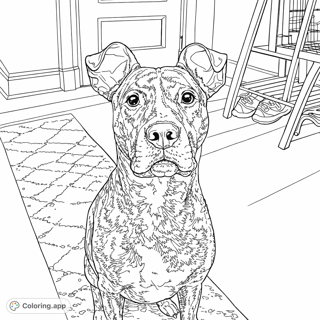 A charming brindle dog sits attentively on a patterned rug, ready to be brought to life with your creative colors. Perfect for dog lovers of all ages.