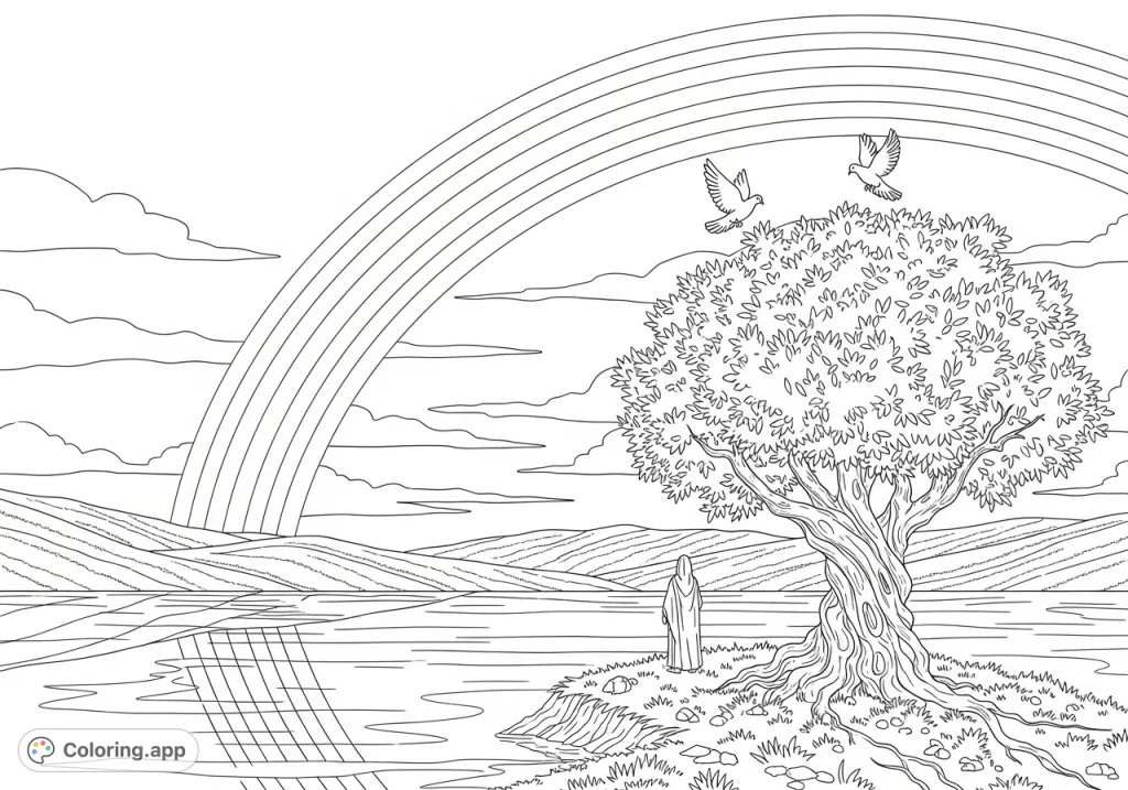 A majestic arc of light illuminates a peaceful landscape with a lone figure, a gnarled olive tree, and ascending doves, offering a serene coloring experience.