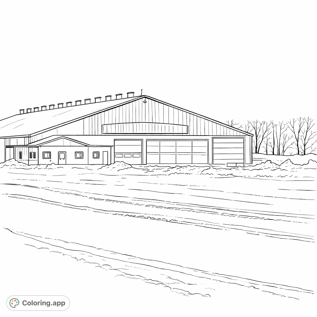 A large, imposing farm building stands amidst a vast, snowy landscape. Detailed structures and a peaceful winter scene await your creative touch.