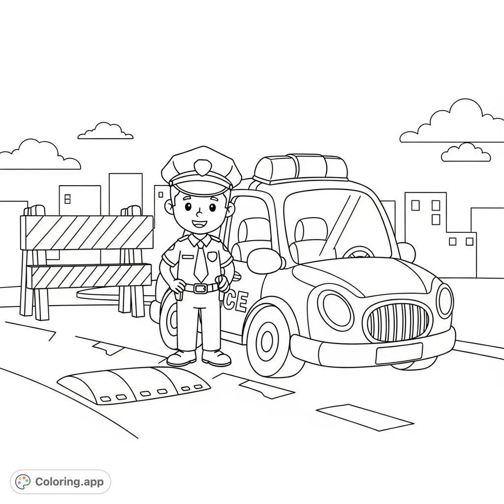 A charming police car cartoon coloring page featuring a friendly officer, patrol car with lights, a road barrier, and a speed bump on a simple street.