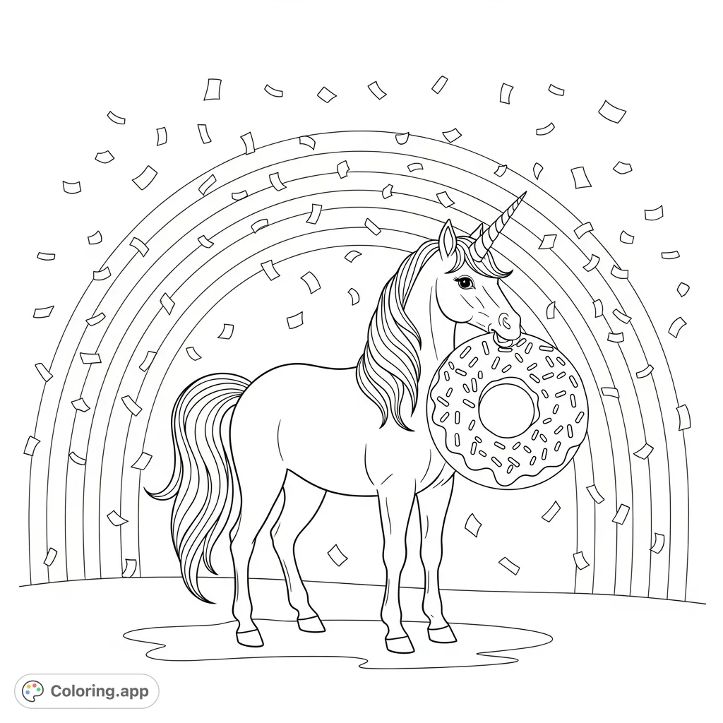A magical unicorn enjoys a delicious donut amid a shower of sparkling confetti and a vibrant rainbow. Perfect for a whimsical coloring adventure!