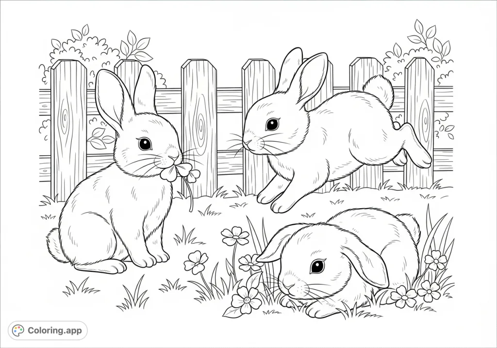 Discover an adorable scene featuring fluffy baby bunnies playing amidst delicate flowers and tall grass. Perfect for a charming coloring experience.