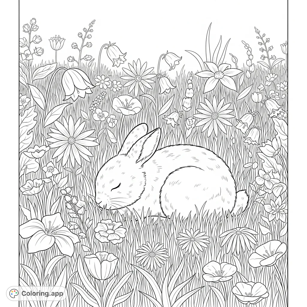 A peaceful bunny rests amidst a lush field of various flowers and soft grass, inviting a serene coloring experience. Perfect for relaxation and creativity.
