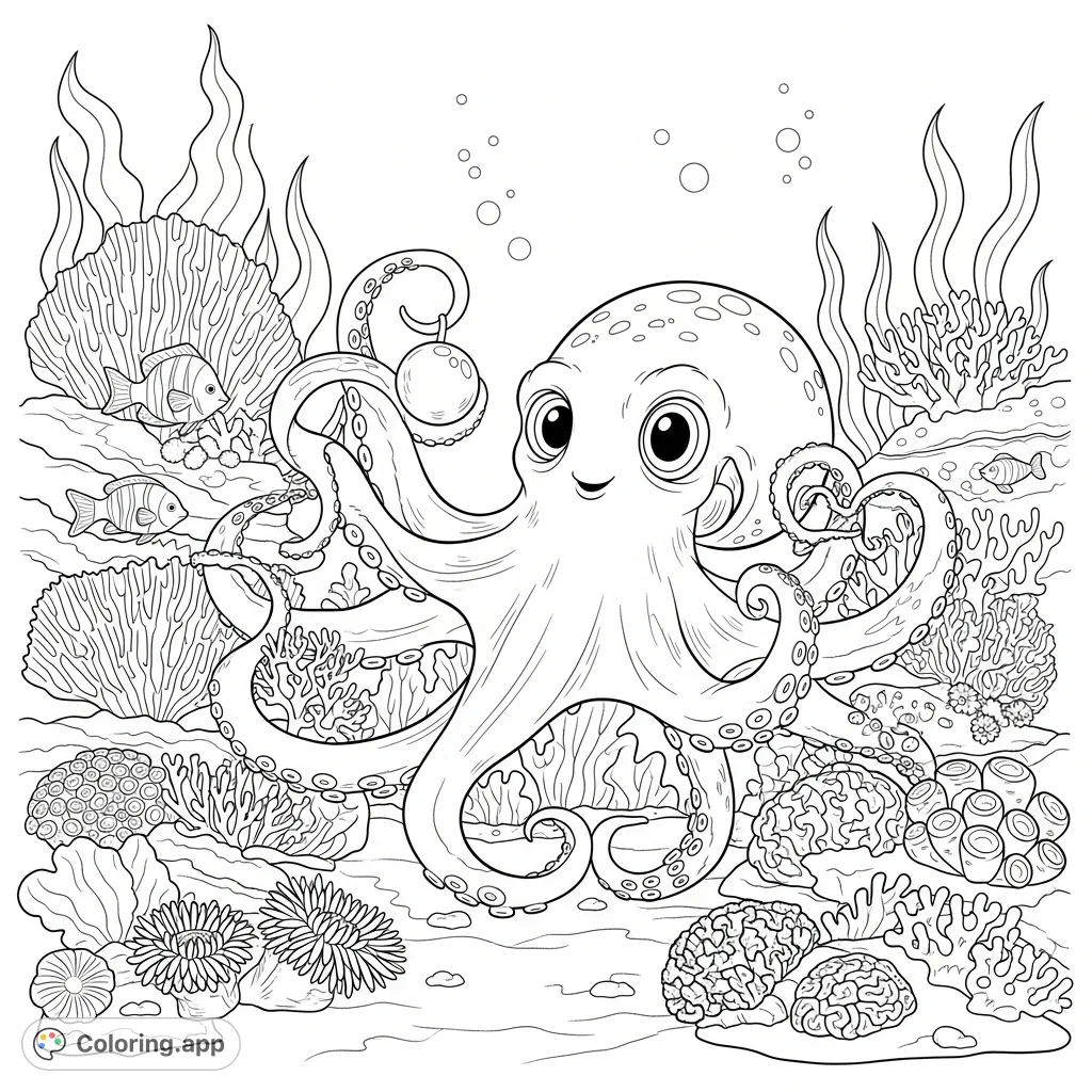 A charming octopus playfully interacts with a vibrant coral reef, its tentacles wrapping around colorful formations. Dive into this delightful ocean scene!