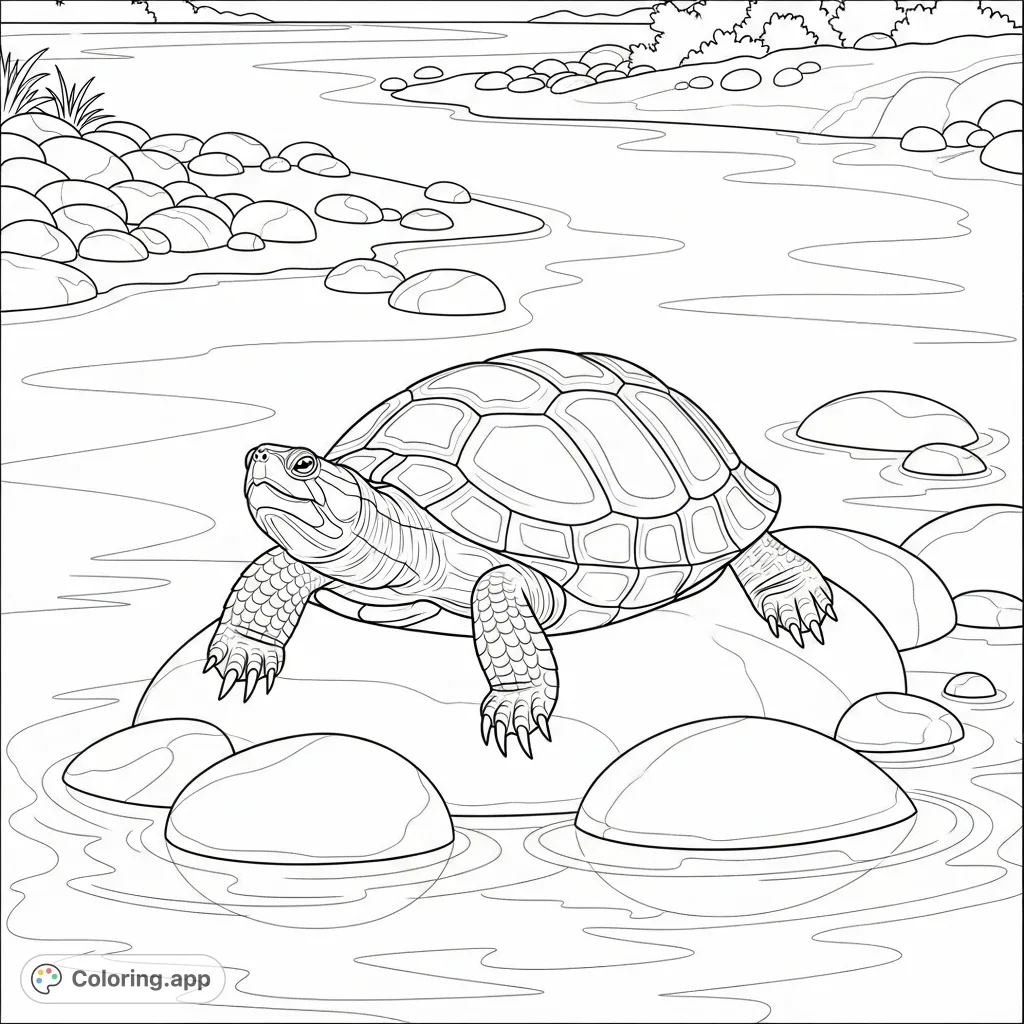 A tranquil turtle sunbathes on smooth rocks in a peaceful river scene. A relaxing nature coloring page for all ages.
