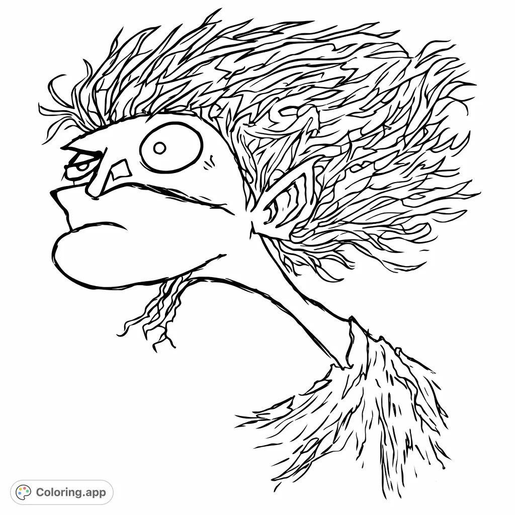 Dive into a unique monster coloring page featuring a wild-haired creature with fangs and a single eye. Unleash your creativity with this expressive, free printable monster coloring page.