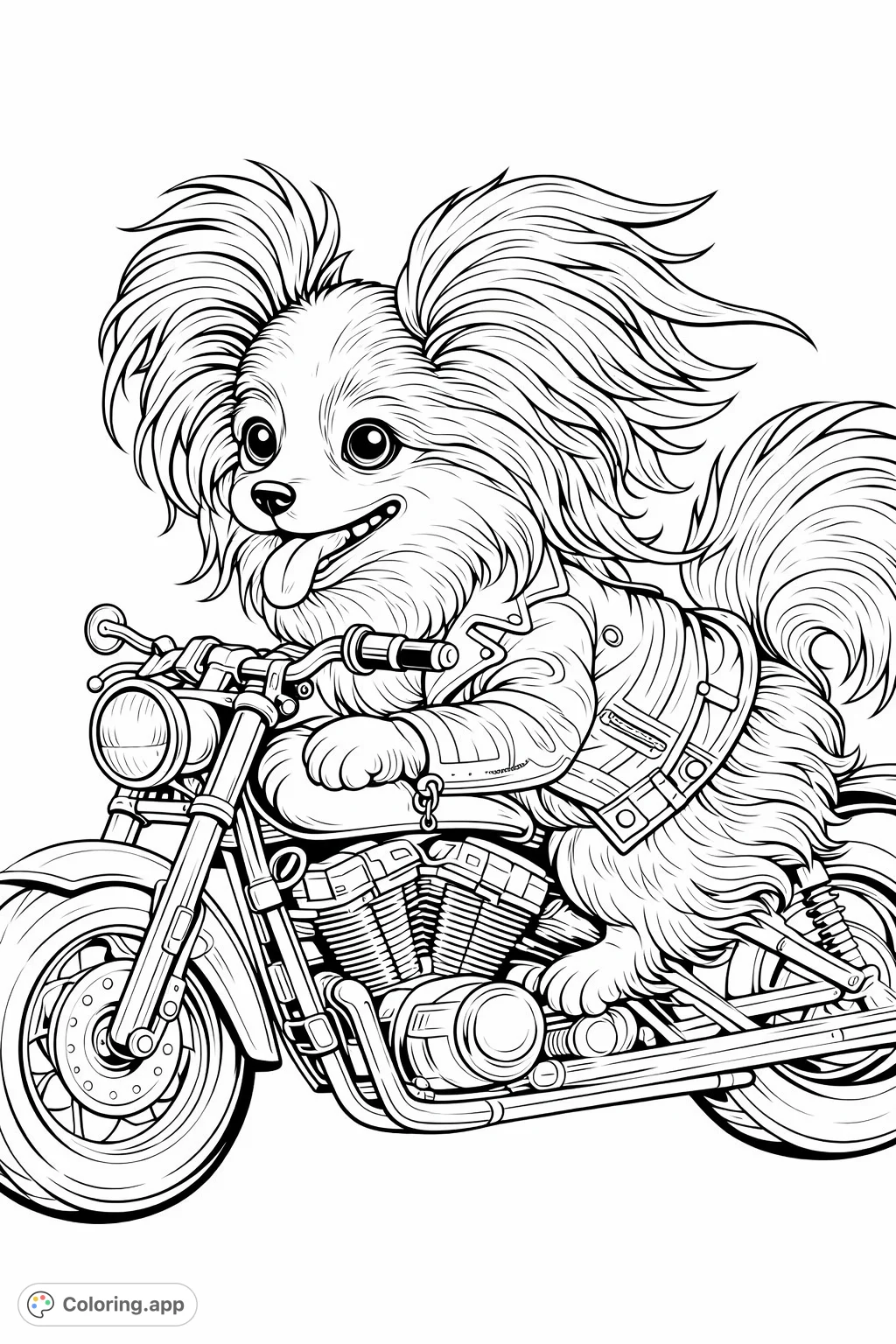 An adorable, detailed dog in a rocker jacket, confidently riding a powerful motorcycle. Perfect for animal lovers and motor enthusiasts.
