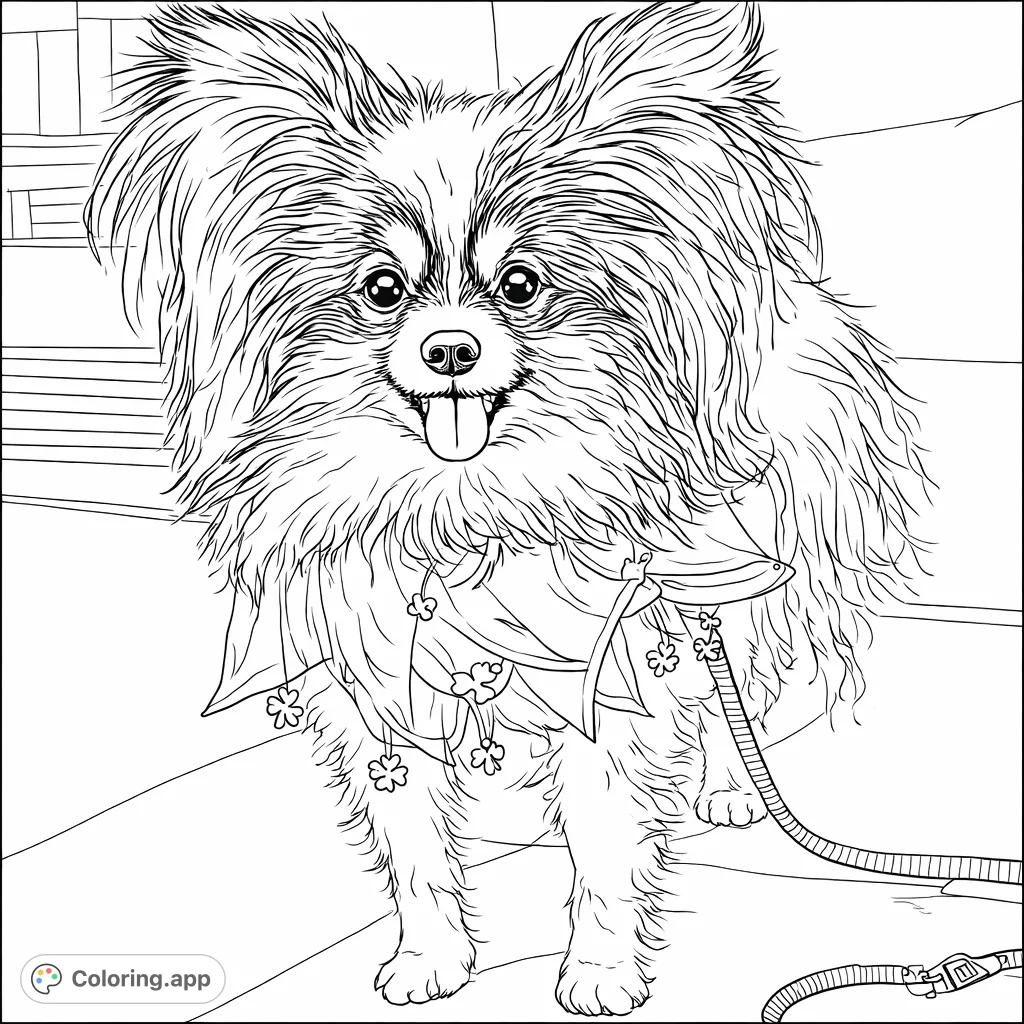 An adorable, fluffy Papillon dog stands proudly, wearing a charming ruffled collar adorned with clover shapes. Perfect for pet lovers and festive coloring.