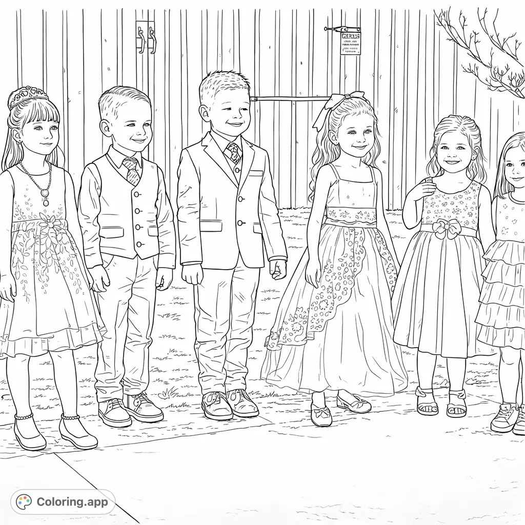 A charming group of six children in formal attire, ready for a special occasion. Features detailed outfits and happy expressions for a delightful coloring experience.