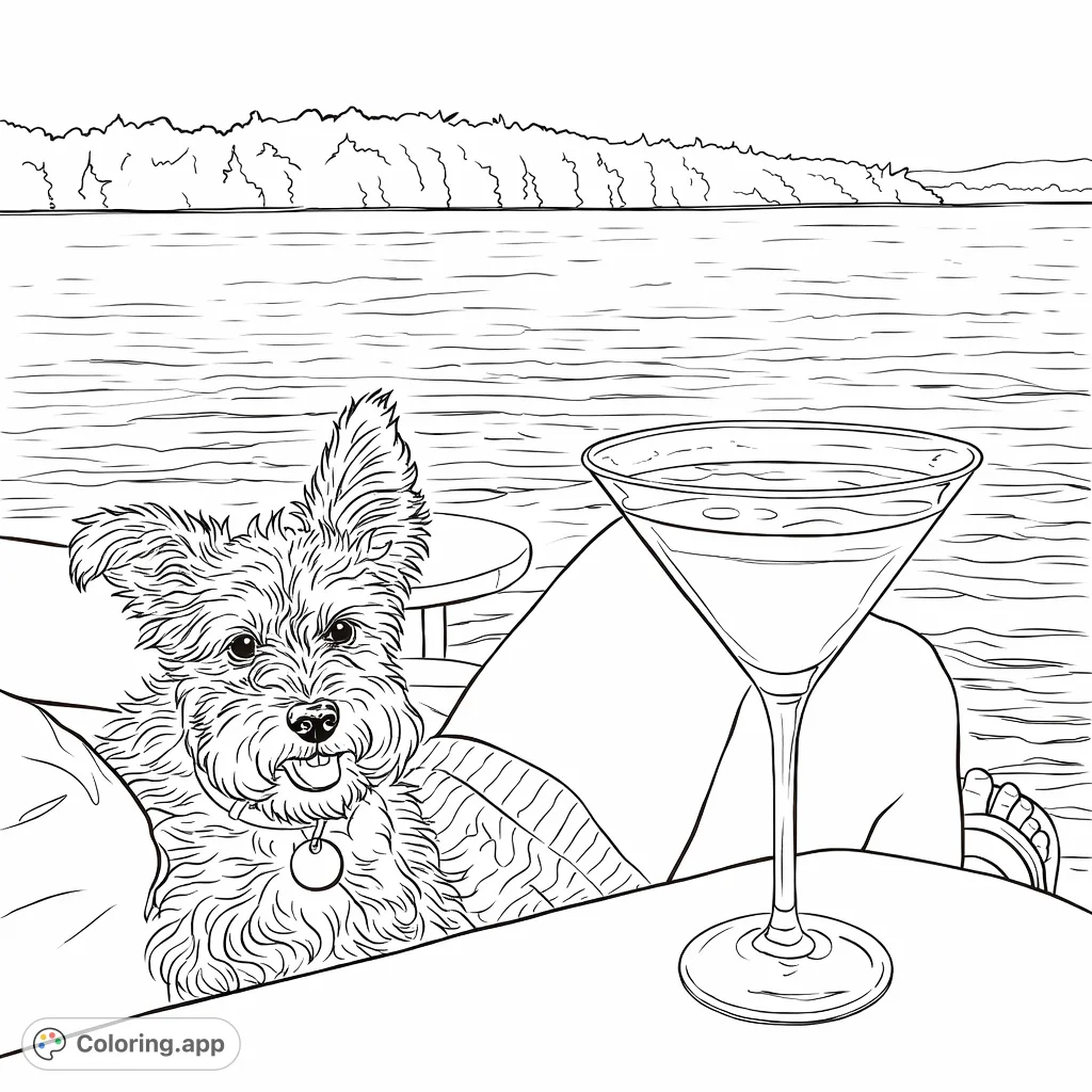 A charming scene featuring a shaggy dog relaxing on a lap by a tranquil lake at sunset, with a cocktail glass nearby. Perfect for dog lovers!