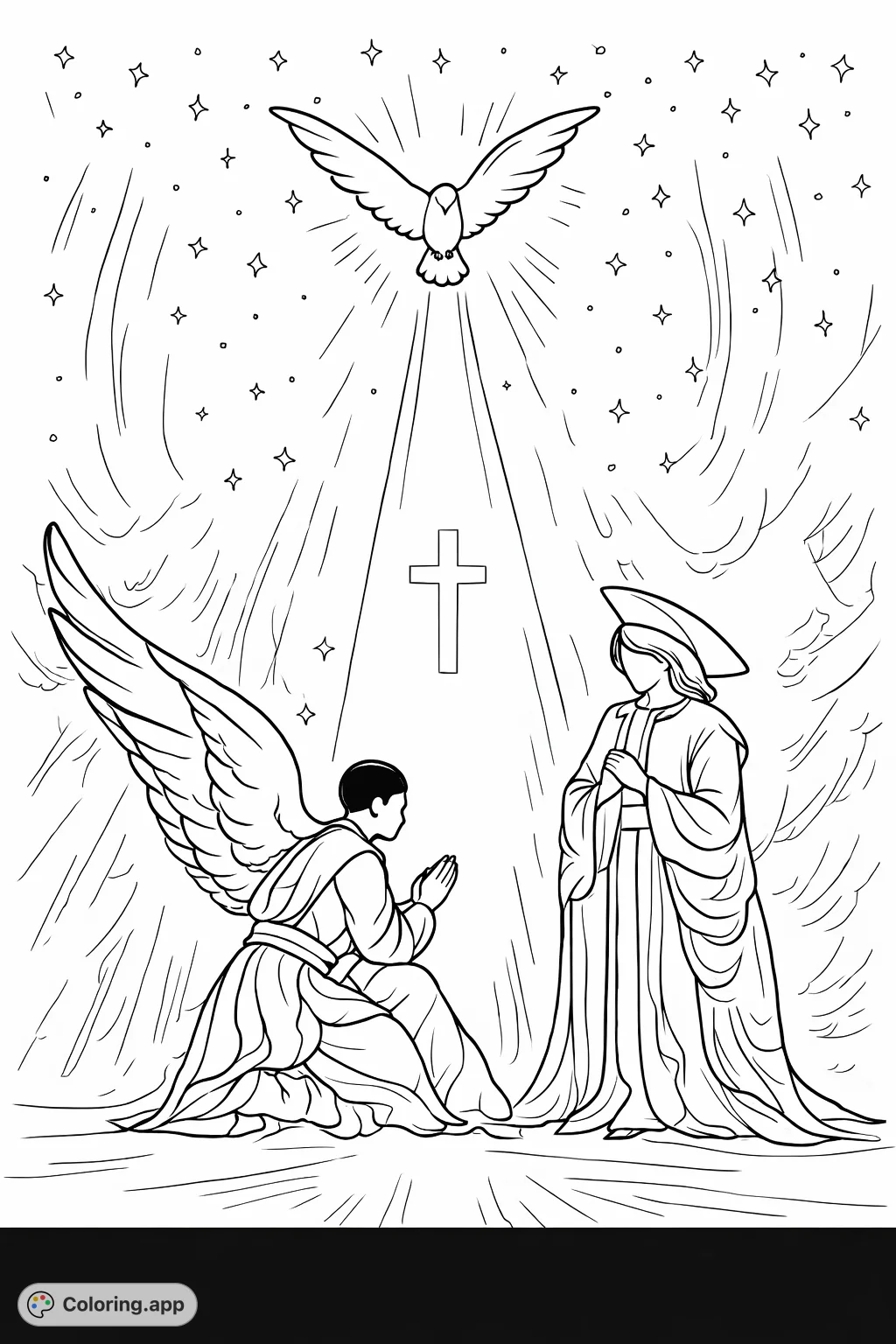 Explore a sacred scene with two figures receiving a divine light, emanating from a descending bird and featuring a cross. A reflective surface adds depth.