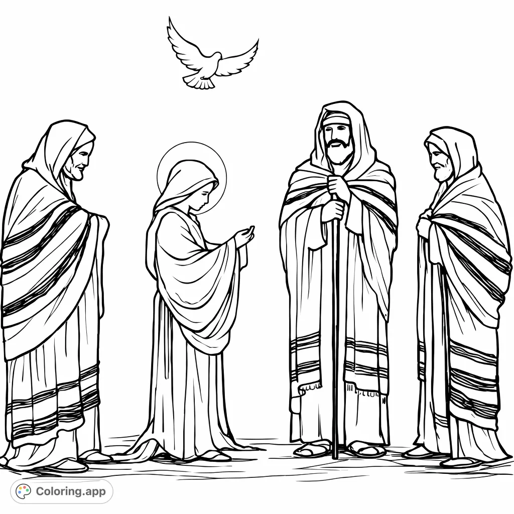A profound religious scene featuring four robed figures and a dove, bathed in divine light. Explore devotion through contemplative coloring.