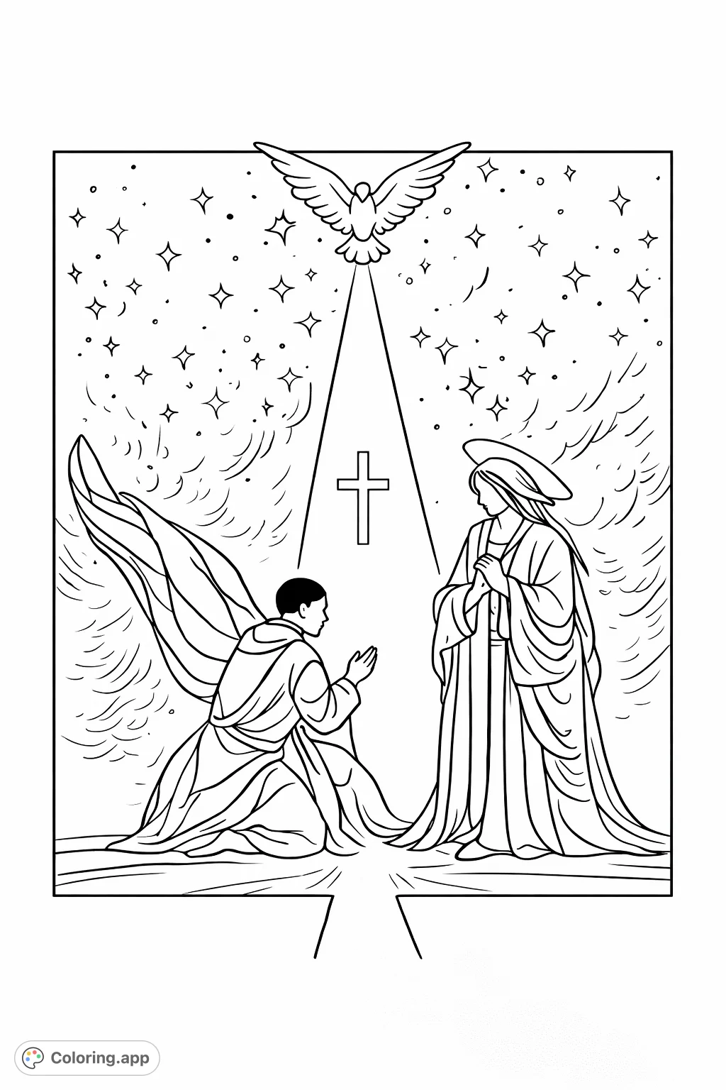 A spiritual scene depicting two figures in prayer, bathed in divine light from a descending dove and cross against a starry sky. Inspiring and serene.