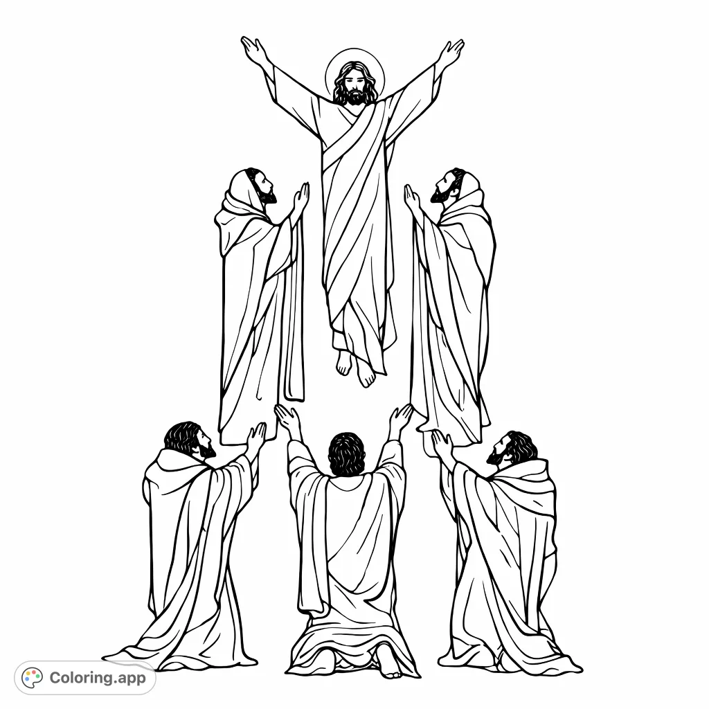 A profound spiritual gathering coloring page, featuring a radiant central figure with outstretched arms, observed by five devout followers.