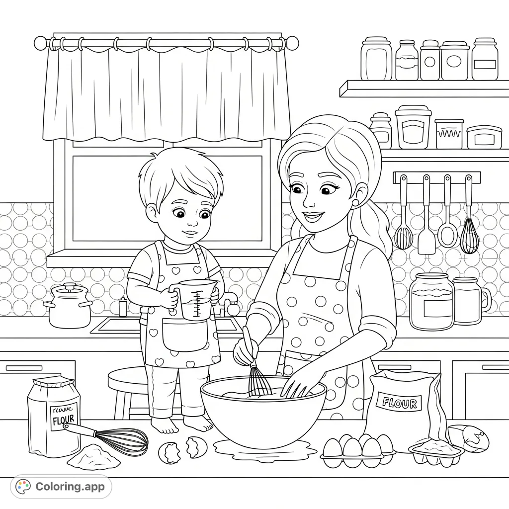 A heartwarming, cartoonish scene of a little blonde boy helping his mum bake in a cozy kitchen. Perfect for family fun and creative coloring!