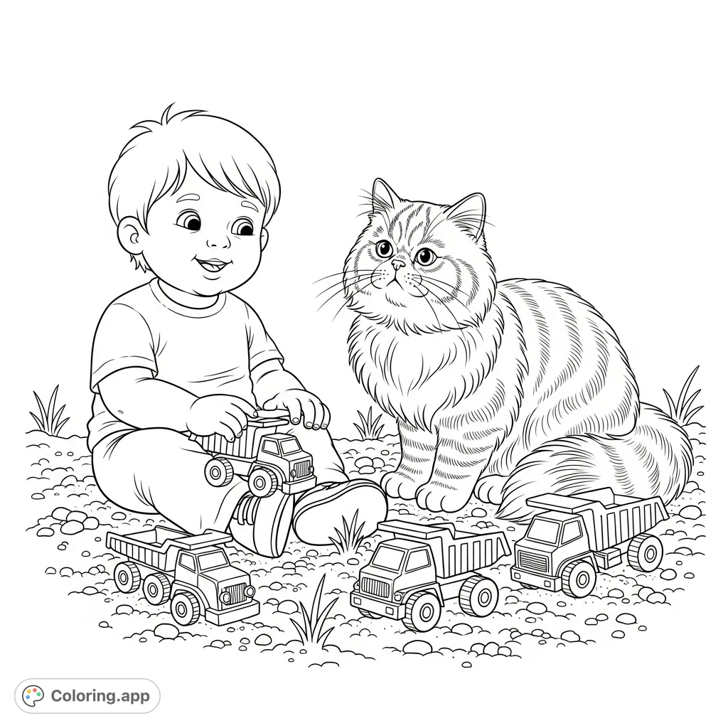 An adorable coloring page featuring a small blonde boy and a fluffy Persian Tabby cat playing with toy trucks in the dirt. Perfect for imaginative fun!