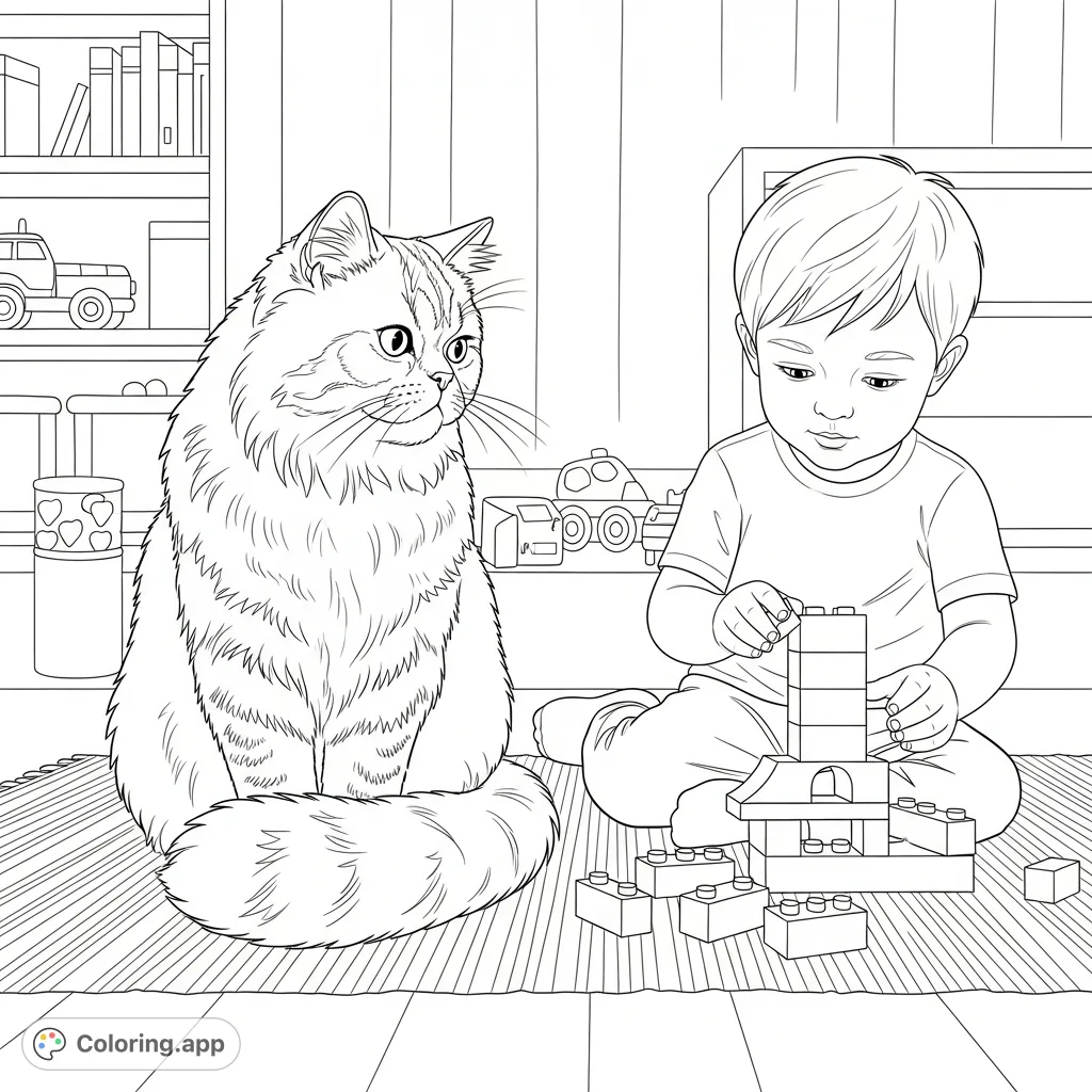 A fluffy Persian Tabby cat watches a blonde boy meticulously build with Lego blocks on a cozy rug, capturing a moment of quiet focus and companionship.