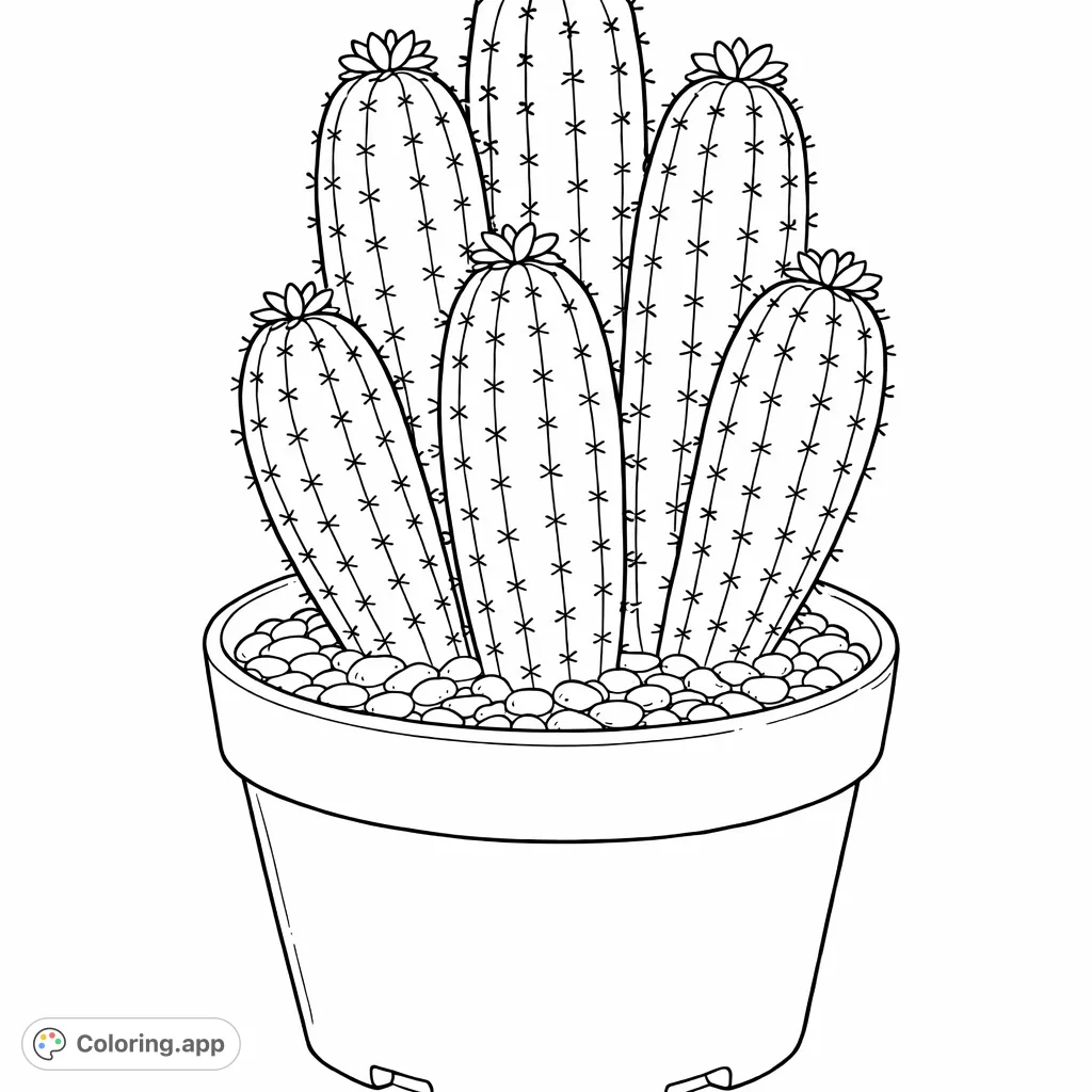 A delightful potted cactus with multiple stems and blooming flowers, perfect for a relaxing coloring experience and adding a touch of nature to your space.